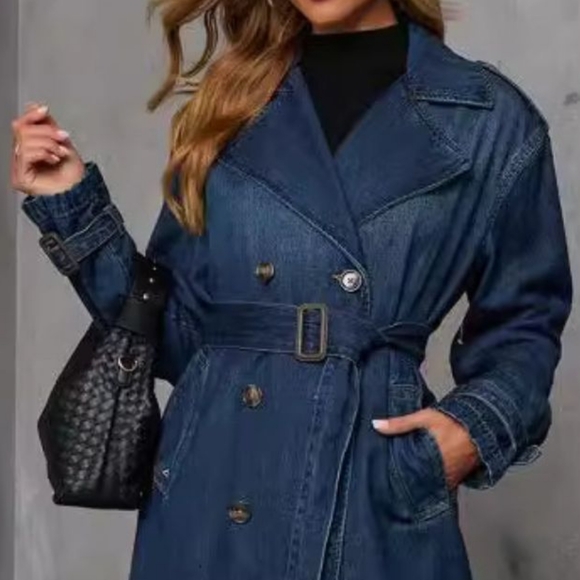 Denim Trench Coat Double Breasted Button-Up Collared Longline Belt Jean Jacket - Picture 6 of 12